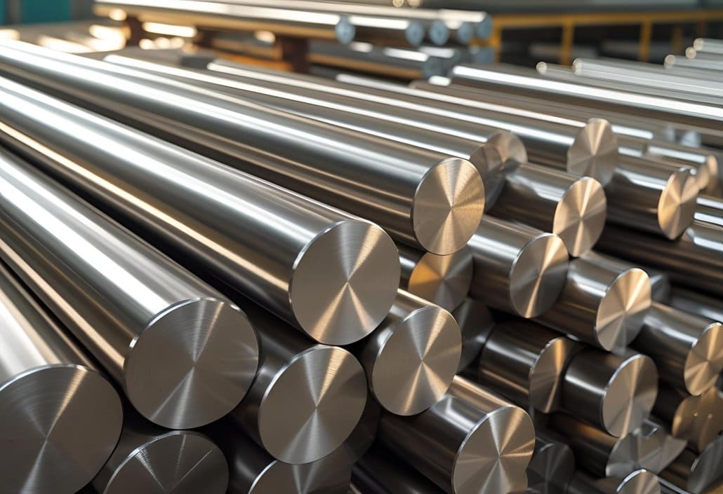 AI generated image of diameter stainless steel solid bars stacked neatly